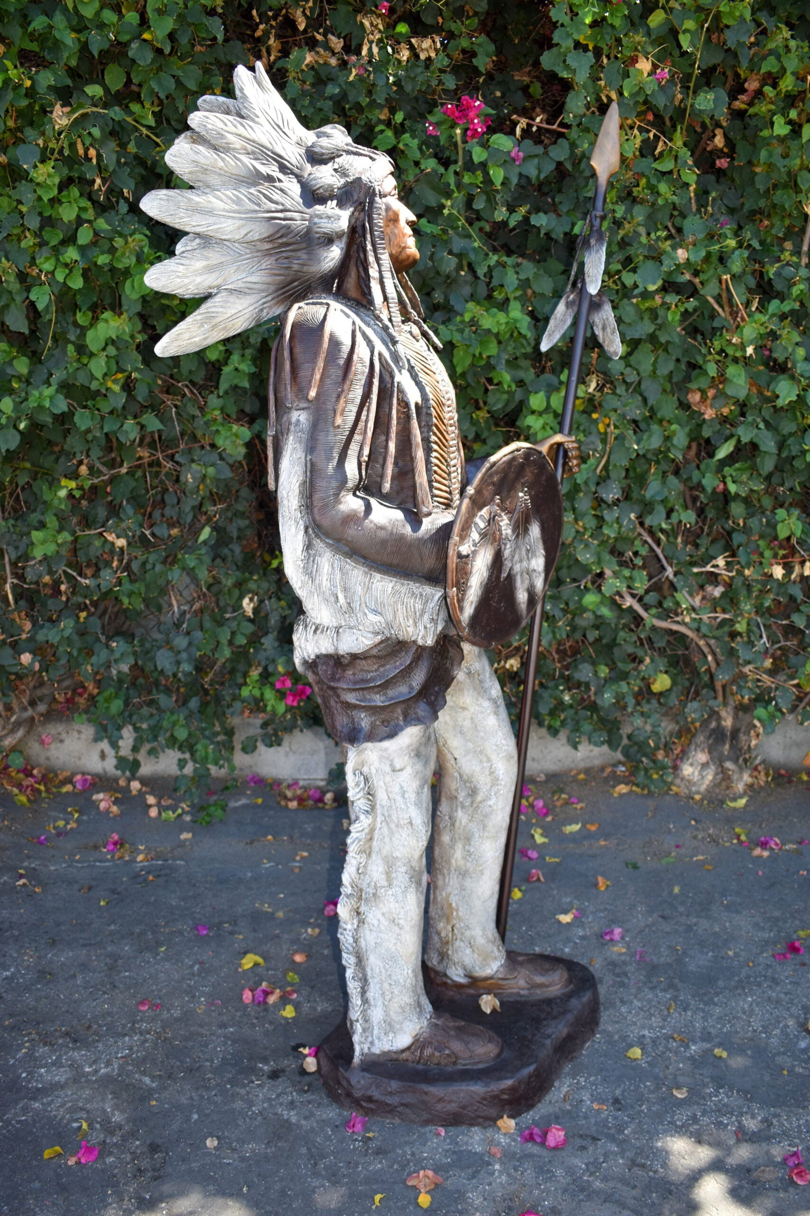 Indian Chief Green and Brown Patina Detailed Bronze Statue 42" x 24" x 74"H - 3
