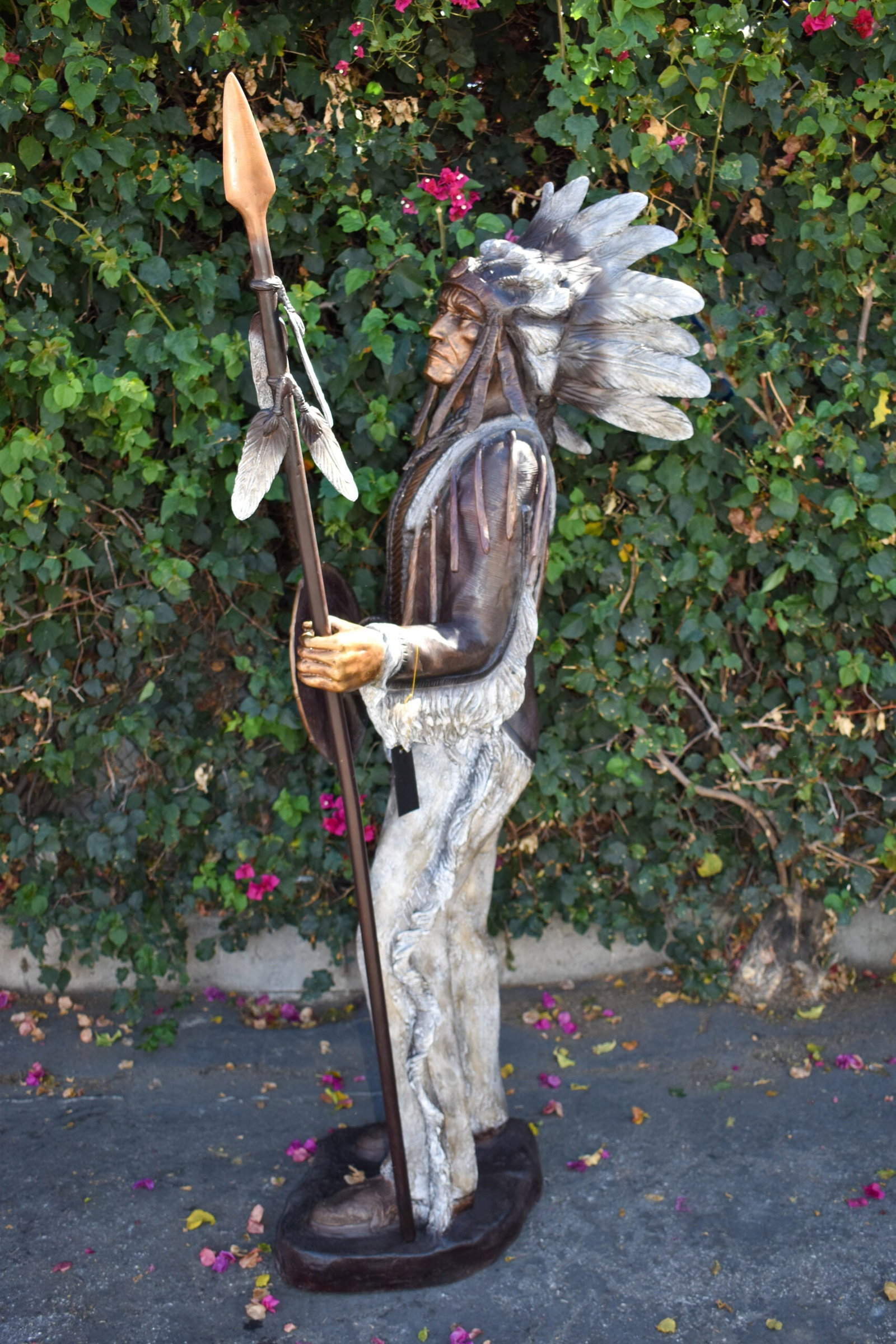 Indian Chief Green and Brown Patina Detailed Bronze Statue 42" x 24" x 74"H - 7