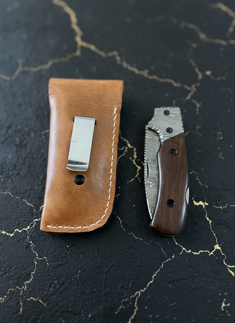 Handmade Damascus Steel Folding Pocket Knife With Wooden Handle & Sheath - 4