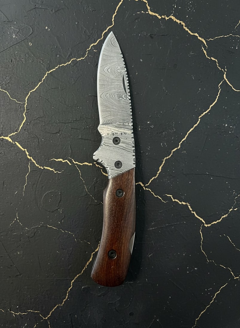 Handmade Damascus Steel Folding Pocket Knife With Wooden Handle & Sheath - 5