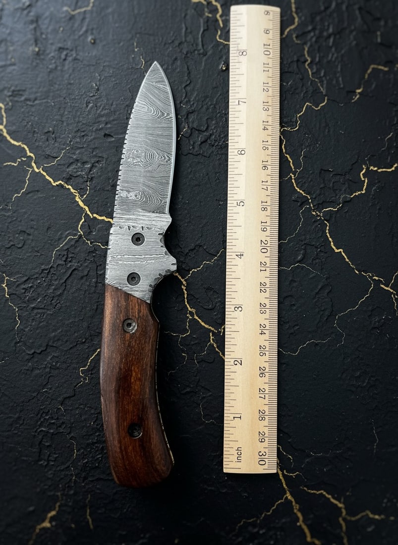 Handmade Damascus Steel Folding Pocket Knife With Wooden Handle & Sheath - 6