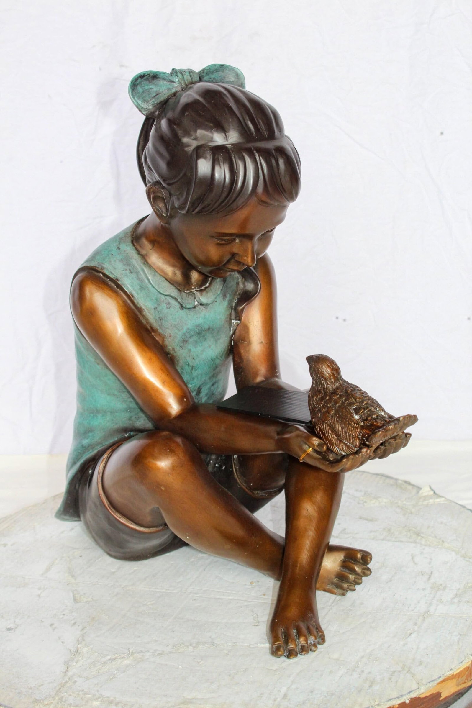 Bronze Girl Holding Bird Statue – Handcrafted Lost Wax Cast Sculpture with Natural Patina Finish - 10