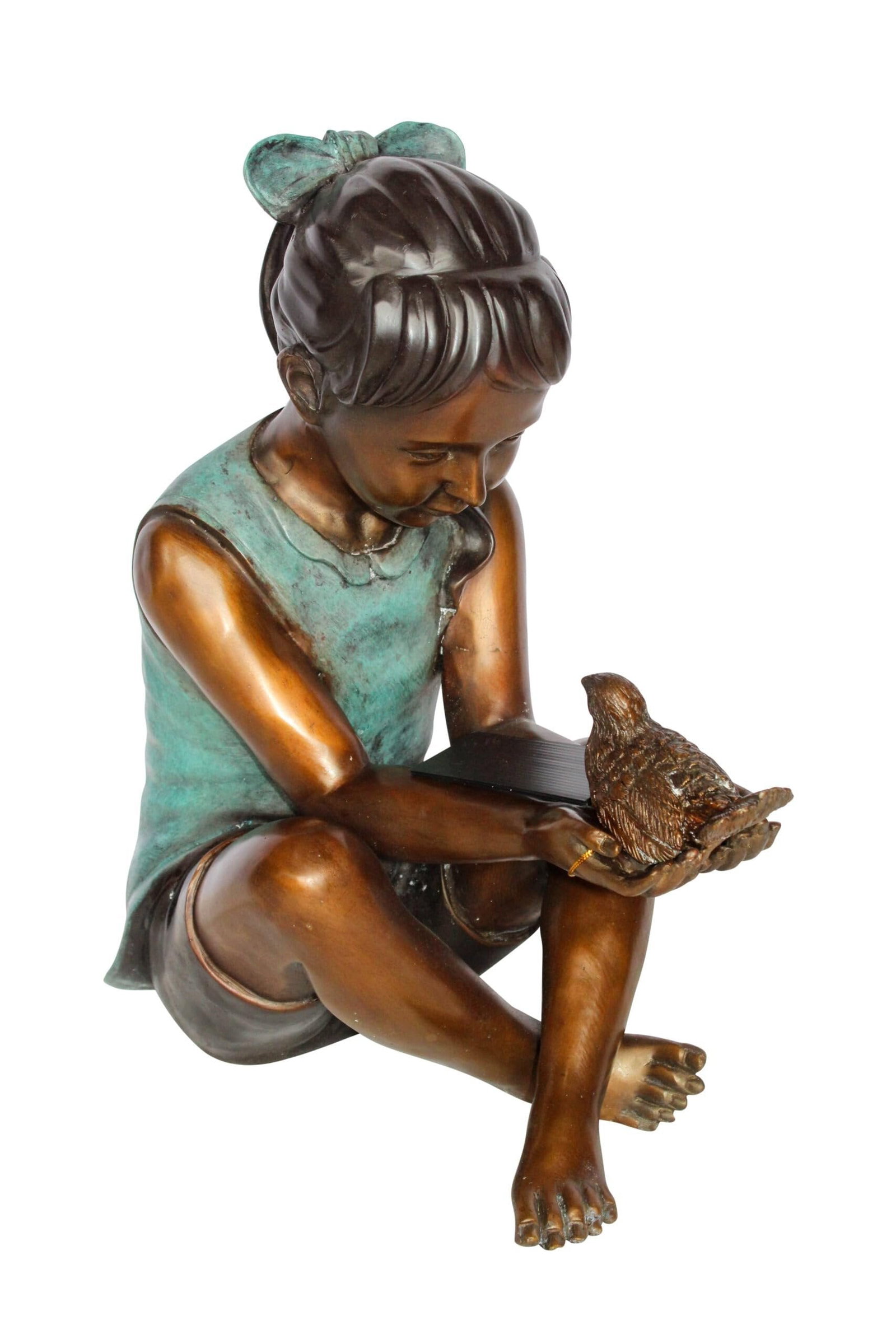 Bronze Girl Holding Bird Statue – Handcrafted Lost Wax Cast Sculpture with Natural Patina Finish - 4