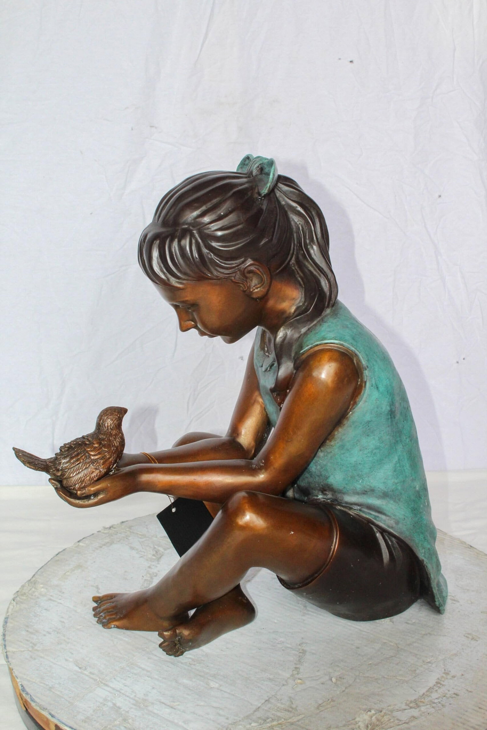 Bronze Girl Holding Bird Statue – Handcrafted Lost Wax Cast Sculpture with Natural Patina Finish - 6