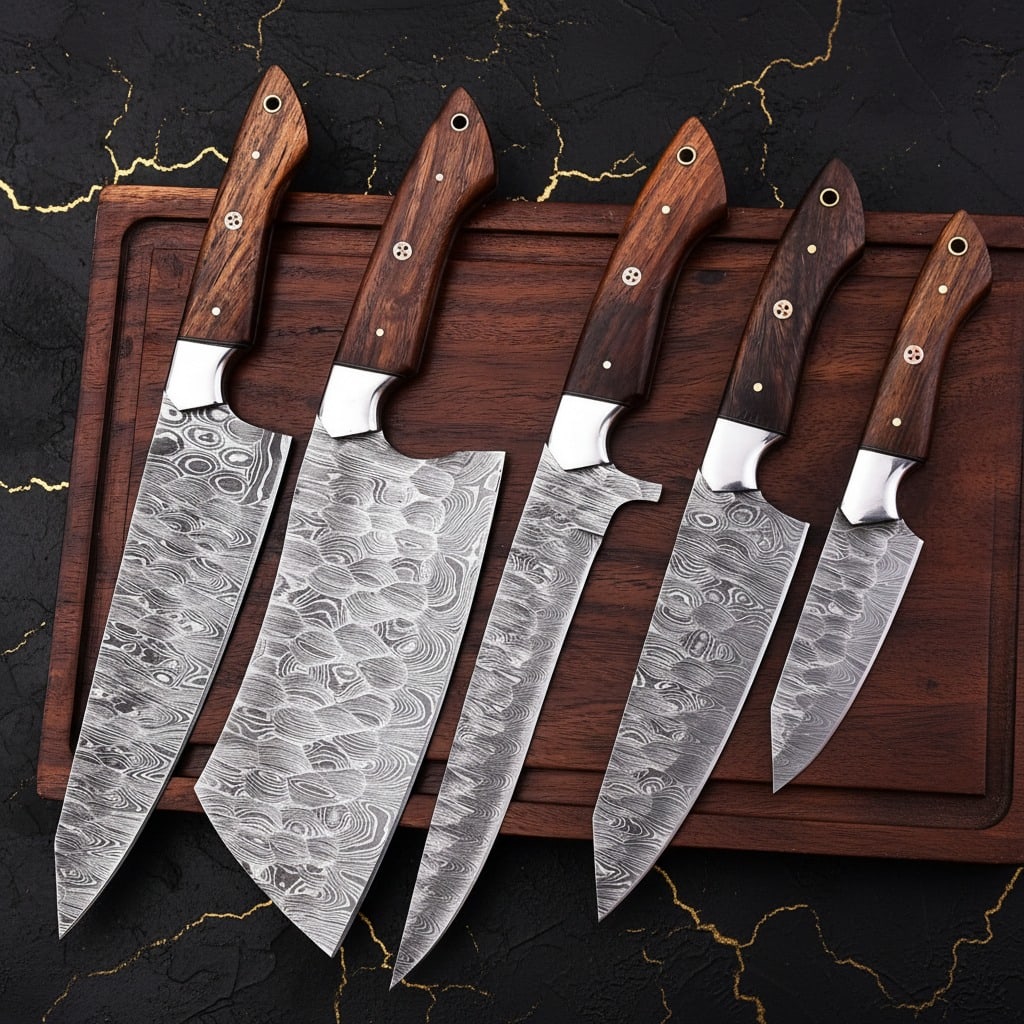 5 Pc Chef Knife Set Damascus Steel Blades Rosewood Handles Handcrafted (1 of 9)