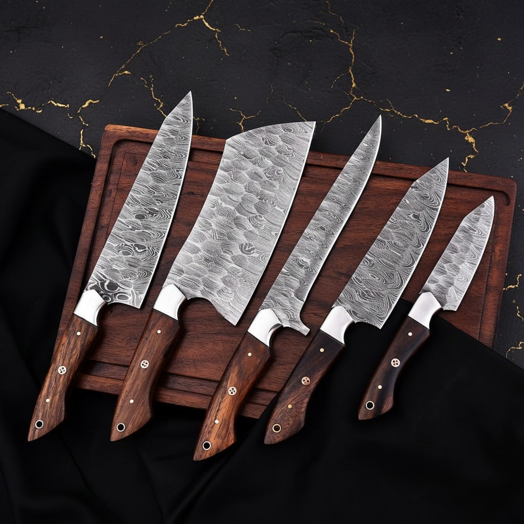 5 Pc Chef Knife Set Damascus Steel Blades Rosewood Handles Handcrafted - 2