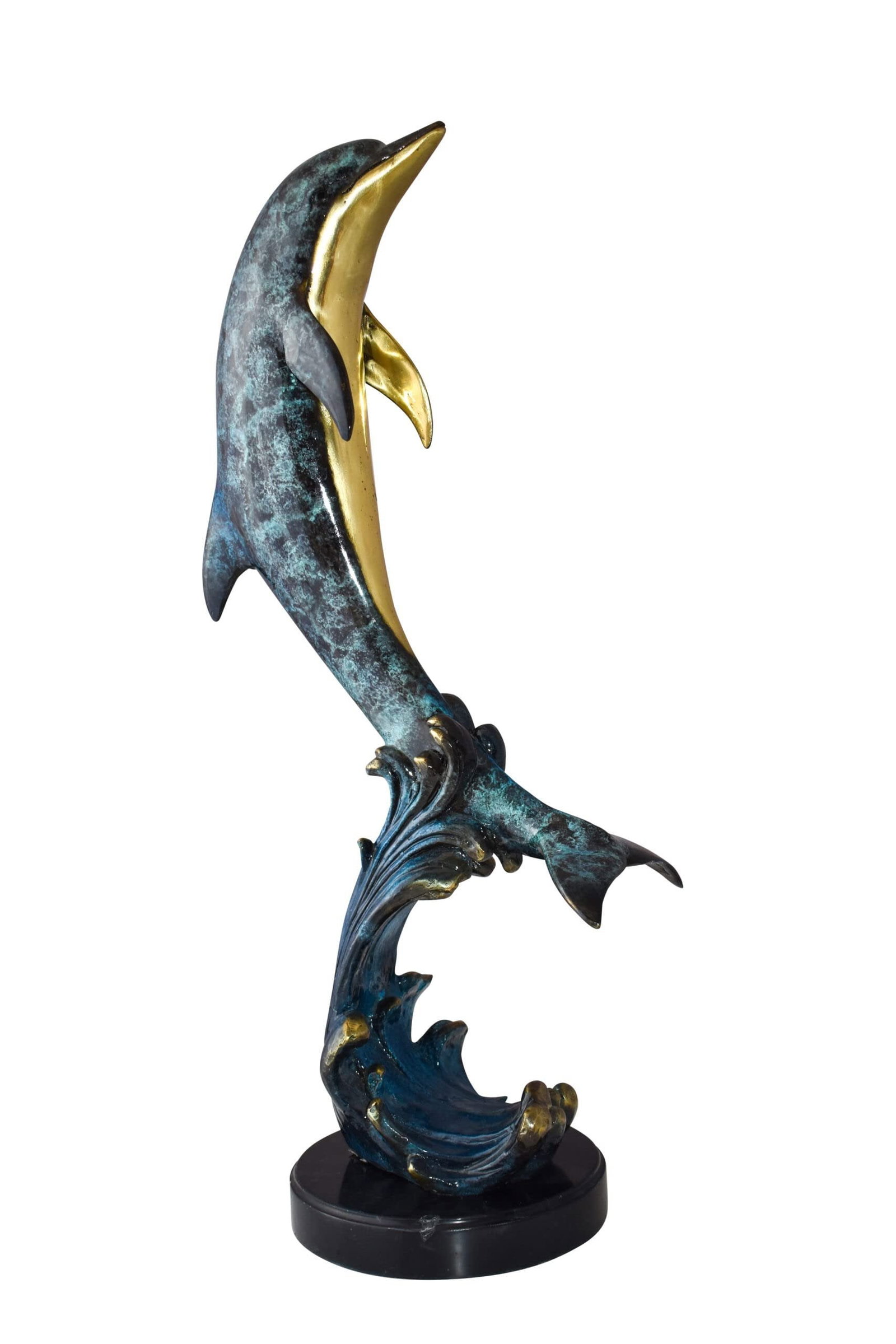 Dolphin Jumping the Waves Colored Bronze Statue Size: 15" x 10" x 31"H: Title:Dolphin Jumping the Waves Colored Bronze Statue Size: 15" x 10" x 31"H Description:This bronze statue of a fierce dolphin with striking colors and careful attention to detail. The dolphin jumpin