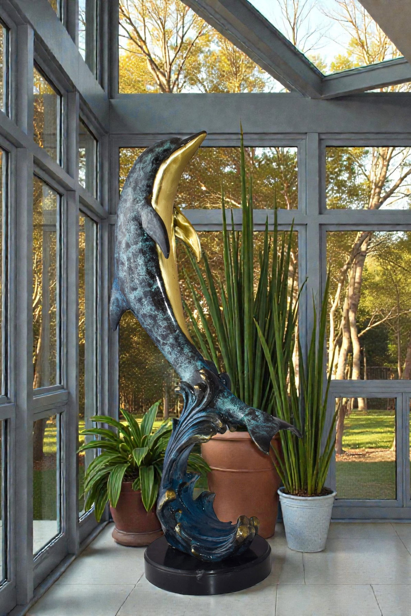 Dolphin Jumping the Waves Colored Bronze Statue Size: 15" x 10" x 31"H - 2
