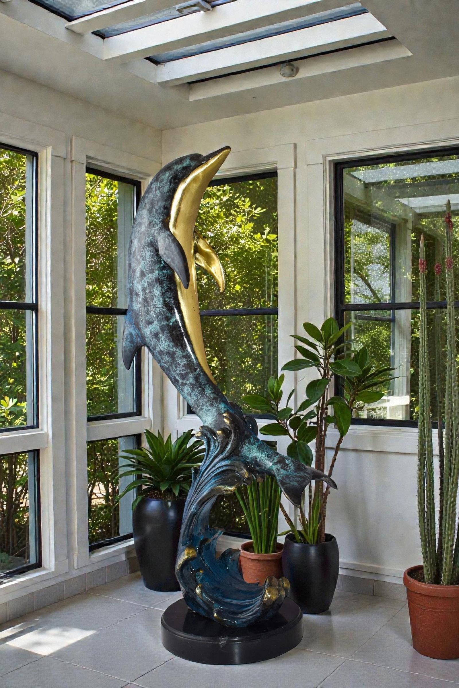 Dolphin Jumping the Waves Colored Bronze Statue Size: 15" x 10" x 31"H - 3