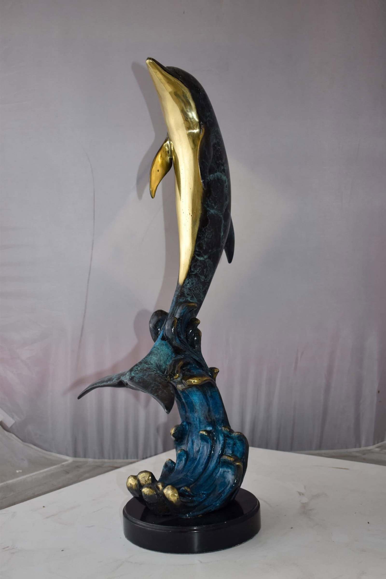 Dolphin Jumping the Waves Colored Bronze Statue Size: 15" x 10" x 31"H - 7