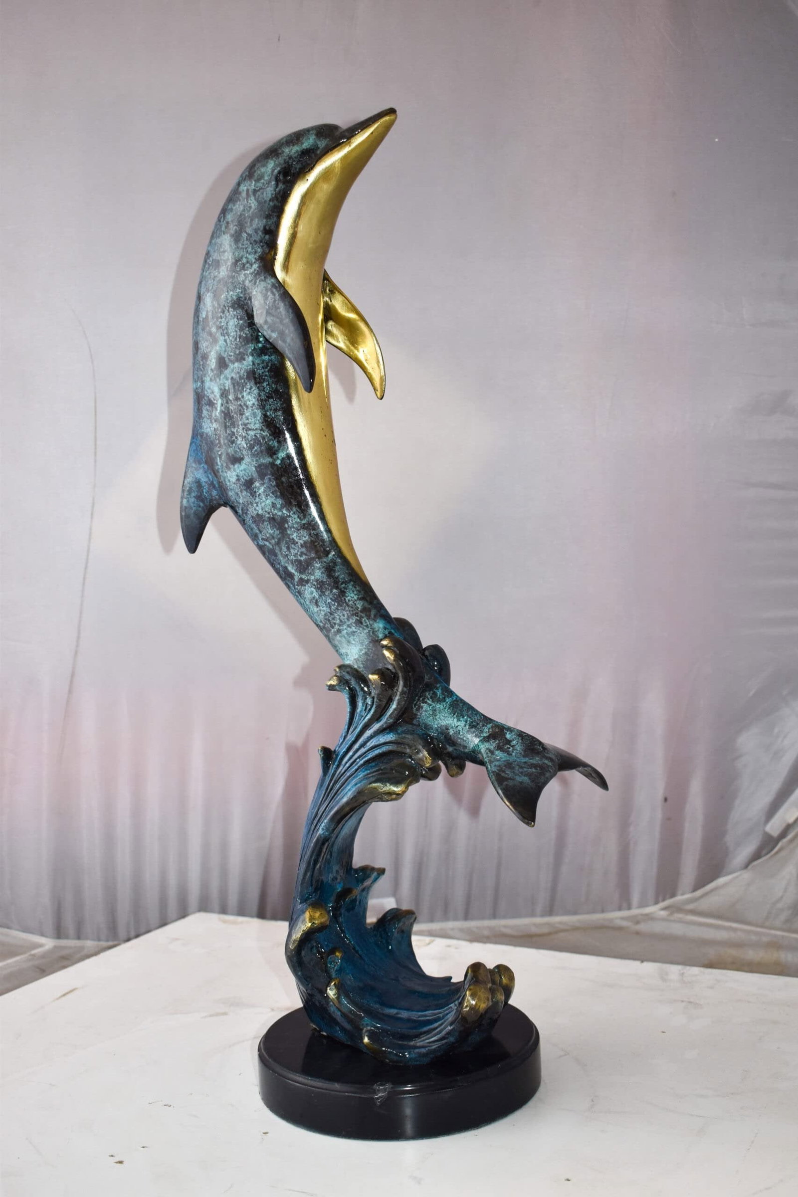 Dolphin Jumping the Waves Colored Bronze Statue Size: 15" x 10" x 31"H - 9