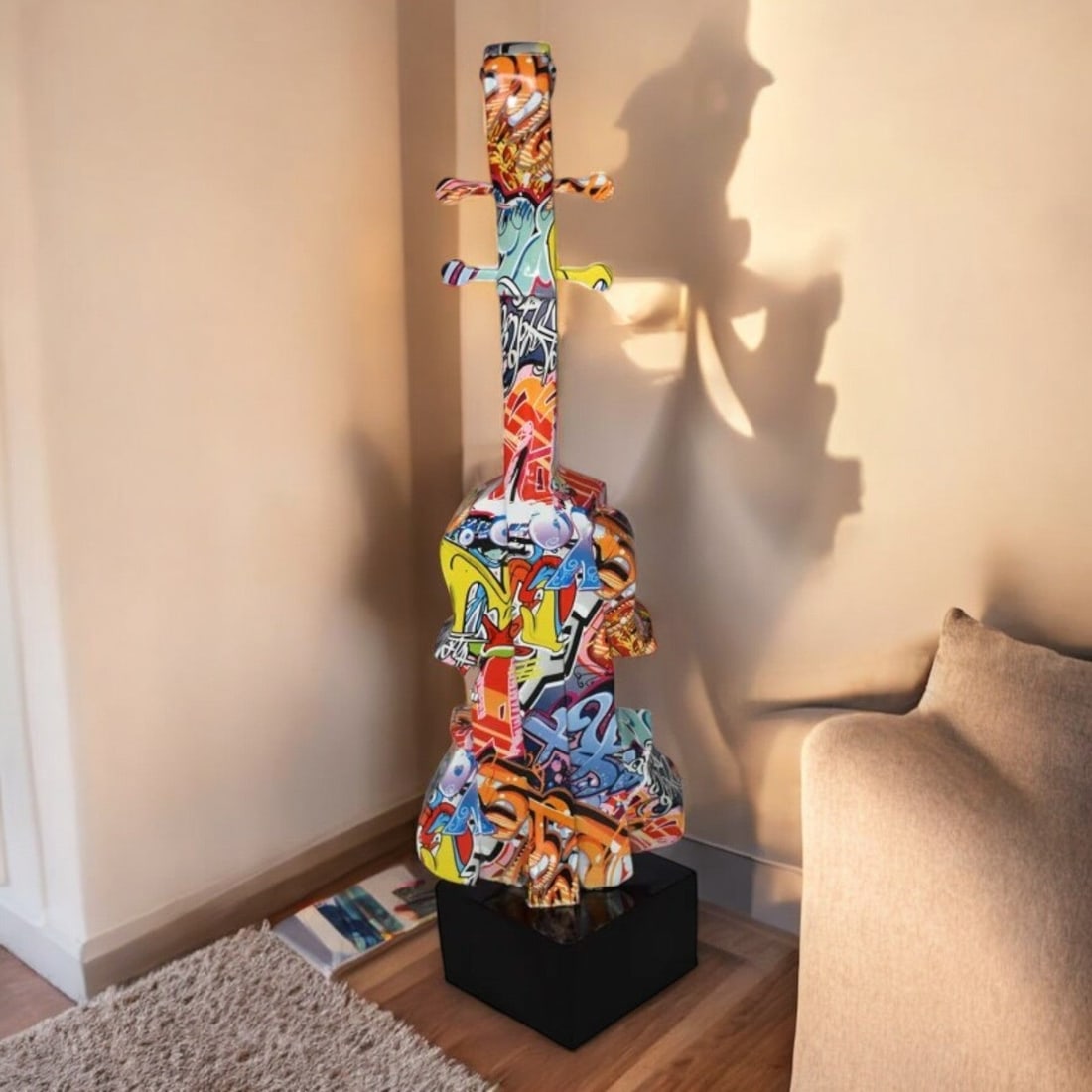 Artistic Graffiti Violin Resin Statue Mounted on a Base Size: 9" x 10" x 26"H (1 of 13)