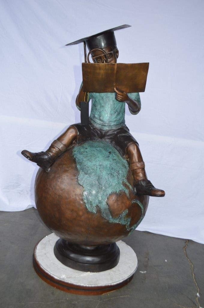 Student learning on top of world bronze statue - Size: 28"L x 24"W x 52"H. - 3