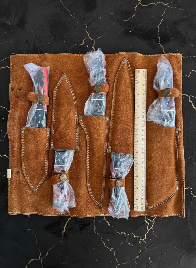 5pc Chef Knife Set Damascus Steel Hammered Blade Resin Grip Leather Roll - 2