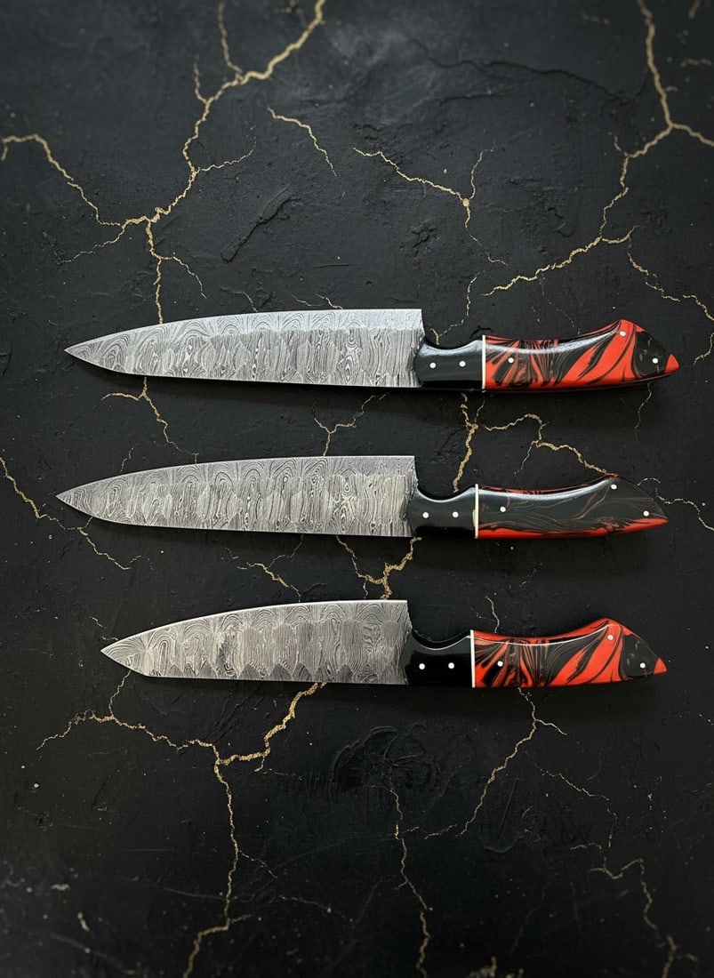 5pc Chef Knife Set Damascus Steel Hammered Blade Resin Grip Leather Roll - 5