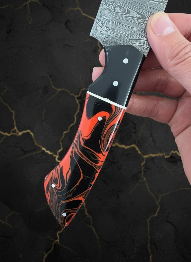 5pc Chef Knife Set Damascus Steel Hammered Blade Resin Grip Leather Roll - 6