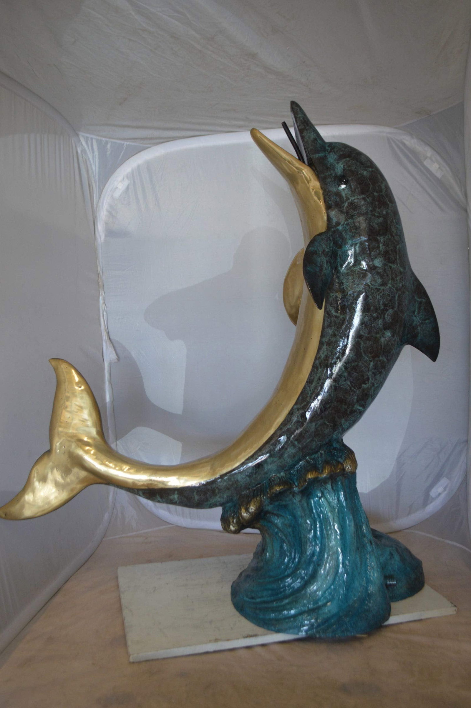 Single Dolphin On Wave Fountain Bronze Statue - Size: 48"L x 24"W x 53"H. - 5