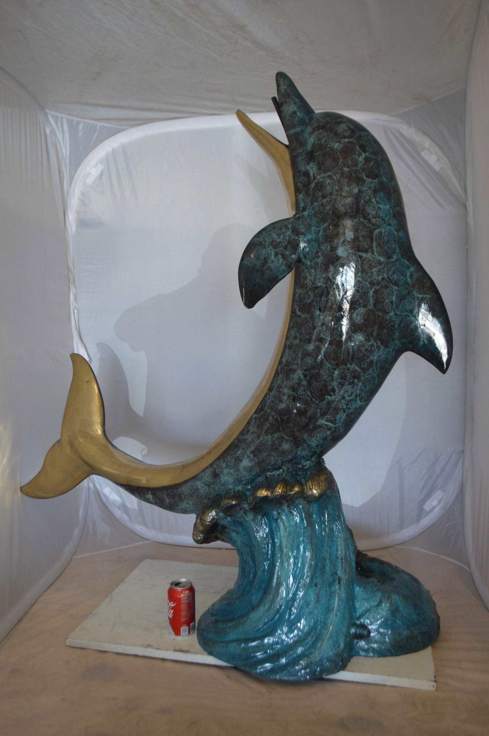 Single Dolphin On Wave Fountain Bronze Statue - Size: 48"L x 24"W x 53"H. - 6