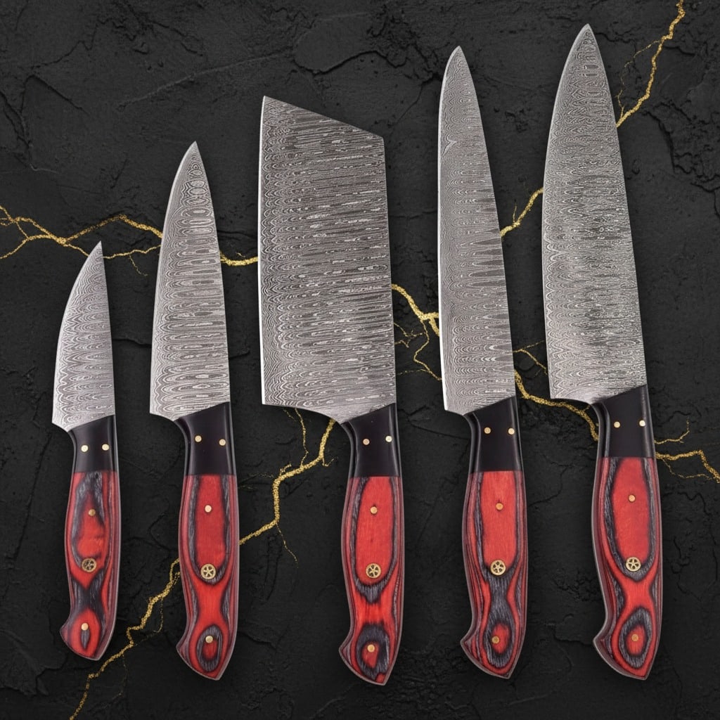 5pc Damascus Steel Kitchen Knife Set, Red Pakkawood Handle, Artisan Gift (1 of 8)
