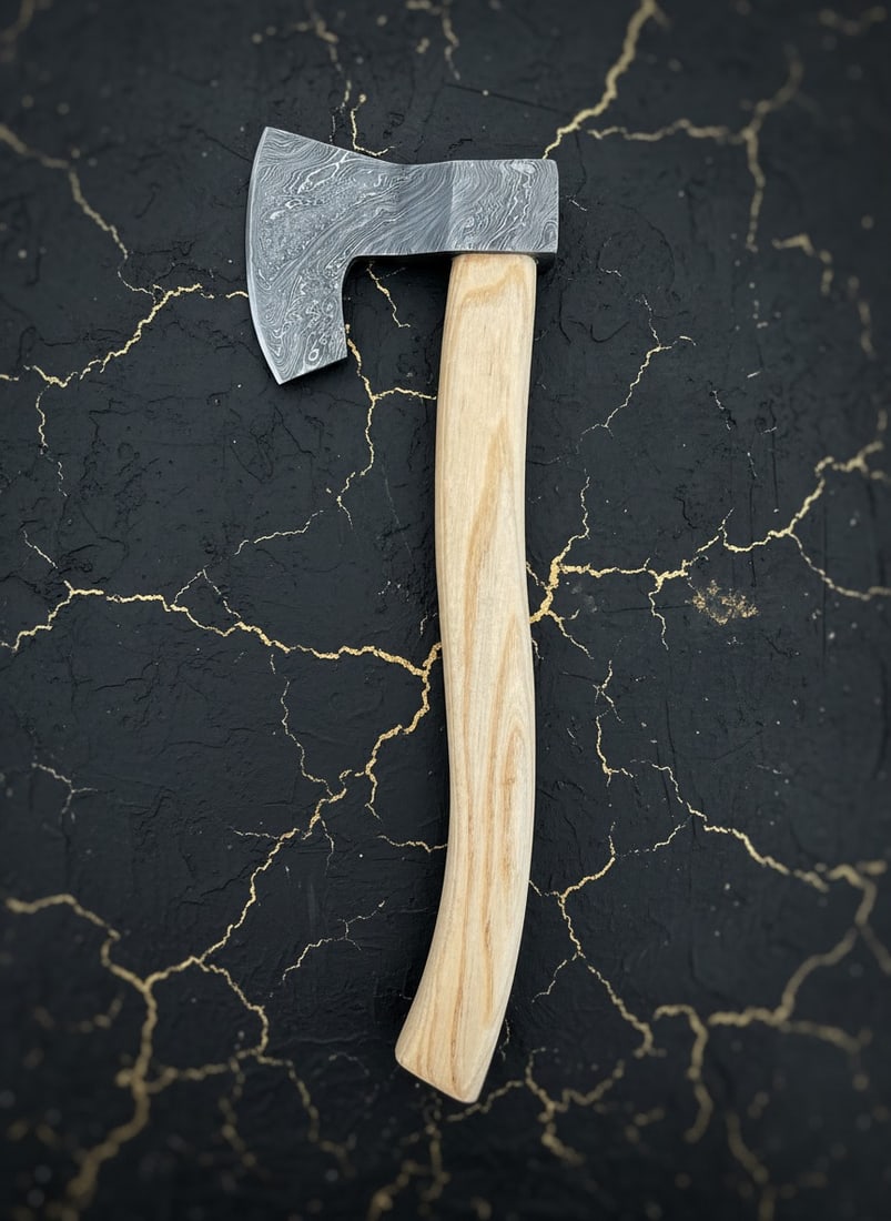 Hand-Forged 18" Damascus Steel Tomahawk Hatchet Wood Handle Leather Sheath: Title:Hand-Forged 18" Damascus Steel Tomahawk Hatchet Wood Handle Leather Sheath Description:This handcrafted axe features a durable wood comfort grip handle and includes a cowhide leather sheath.