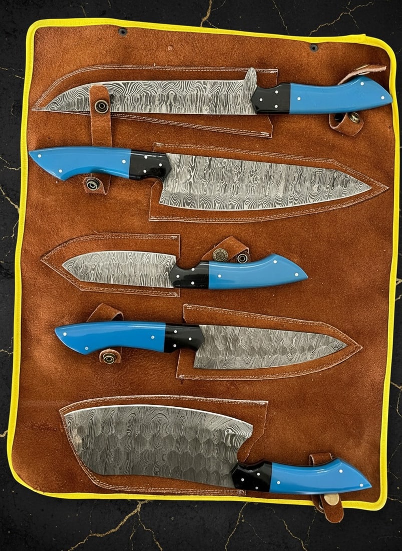 5pc Hand-Forged Damascus Chef Knife Set, Hammered Steel, Resin Handle + Roll: Title:5pc Hand-Forged Damascus Chef Knife Set, Hammered Steel, Resin Handle + Roll Description:This chef set includes five hand-forged knives and a cowhide leather carrying bag as shown in the