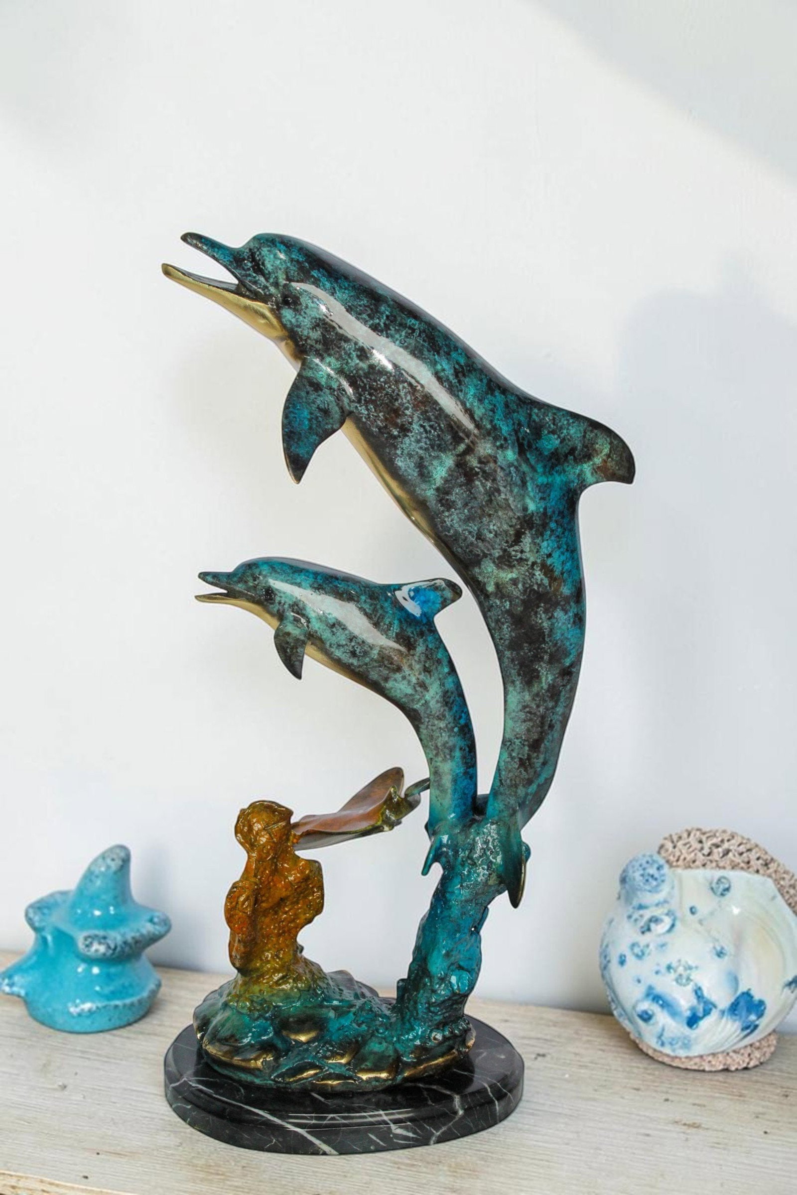 Enchanting Bronze Mermaid with Two Dolphins Statue – Handcrafted Lost Wax Sculpture with Marble - 2