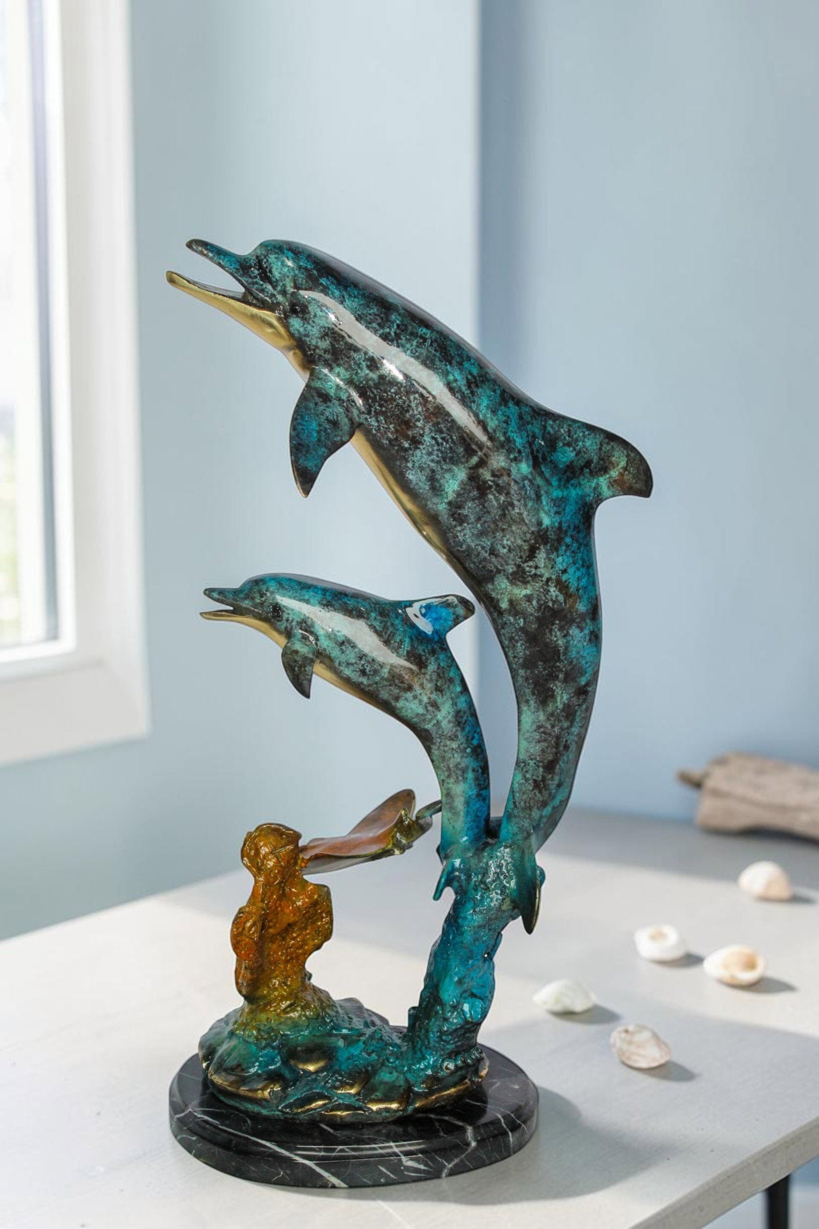 Enchanting Bronze Mermaid with Two Dolphins Statue – Handcrafted Lost Wax Sculpture with Marble - 3