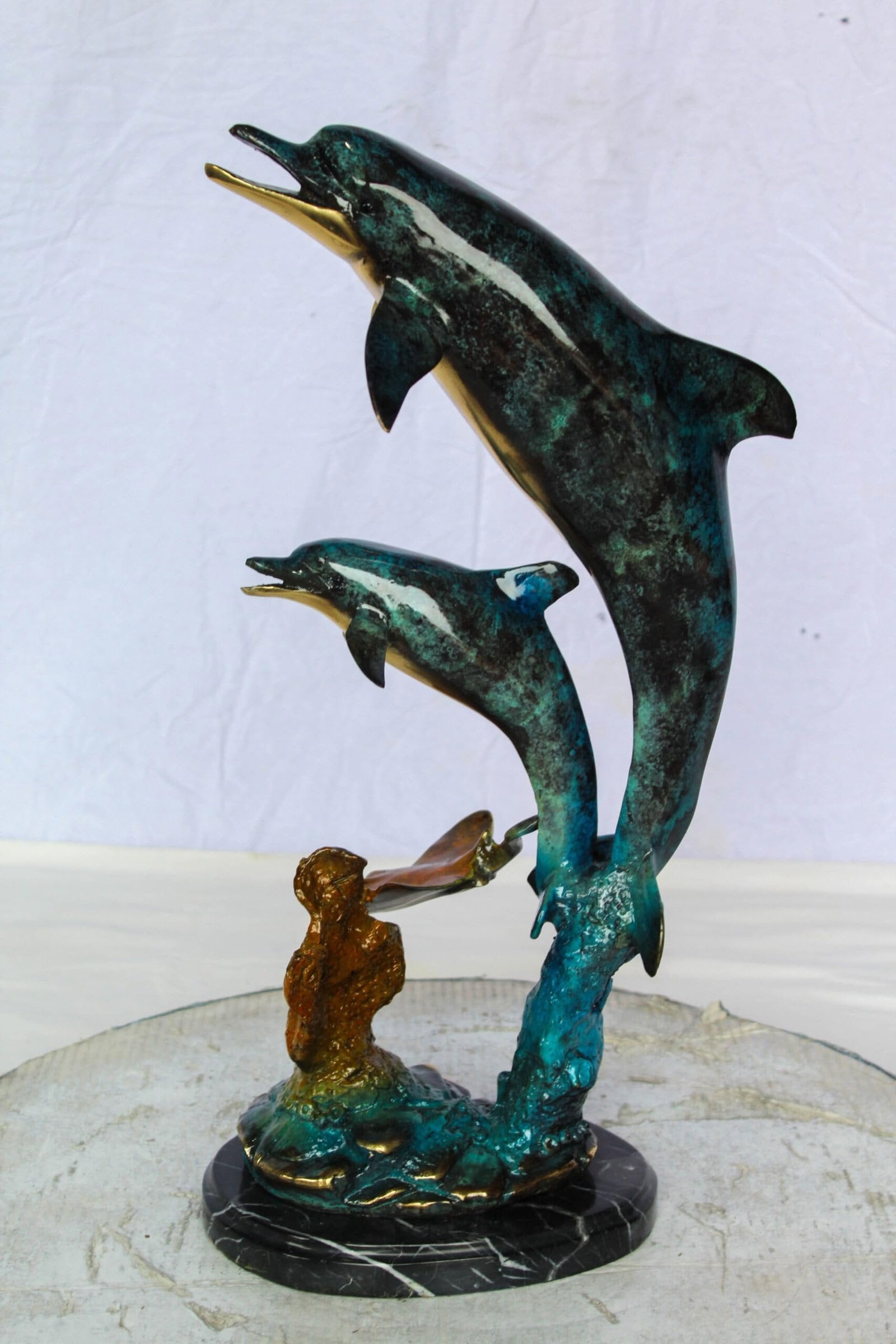 Enchanting Bronze Mermaid with Two Dolphins Statue – Handcrafted Lost Wax Sculpture with Marble - 4