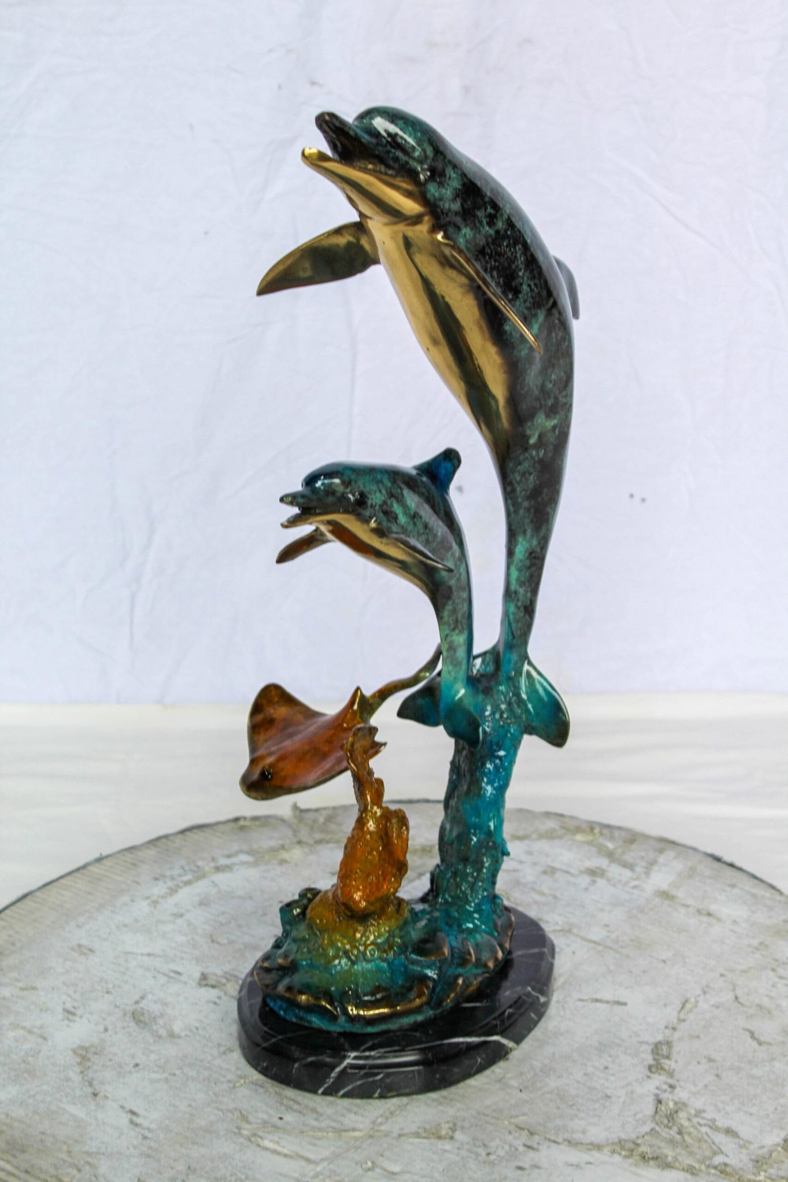 Enchanting Bronze Mermaid with Two Dolphins Statue – Handcrafted Lost Wax Sculpture with Marble - 6