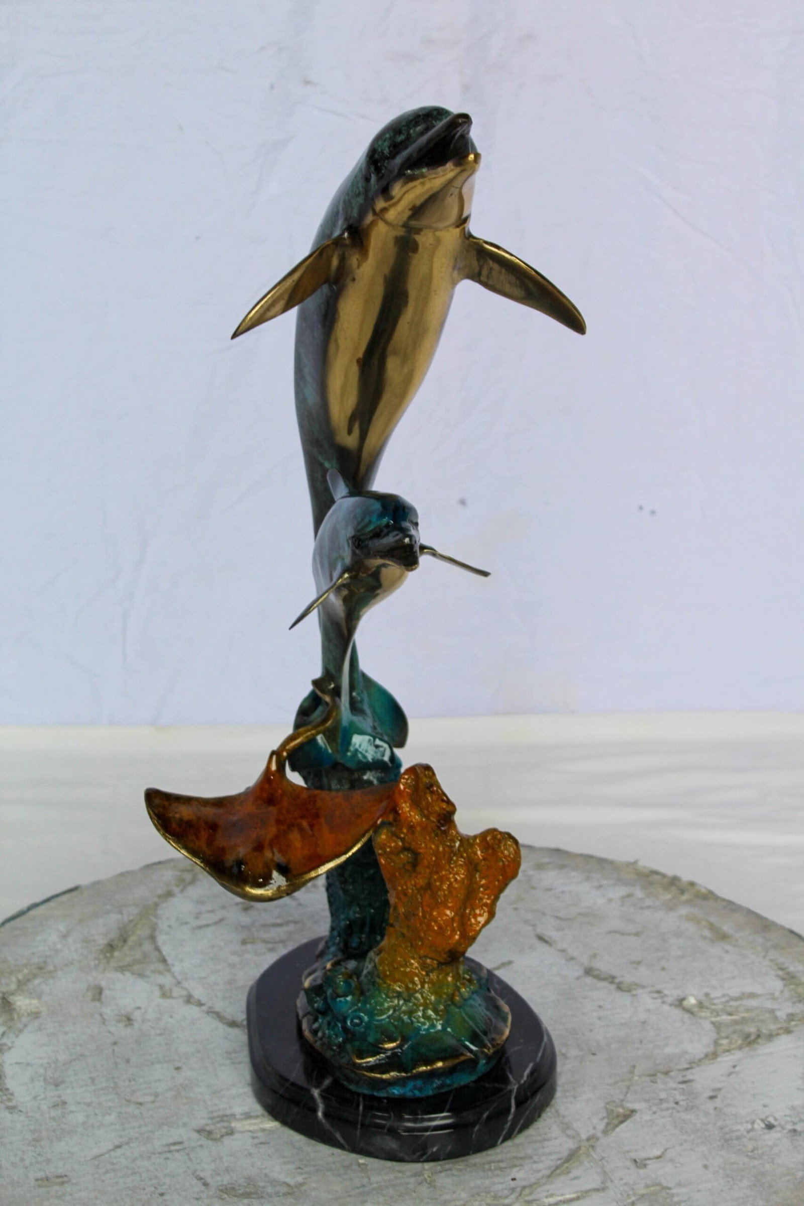 Enchanting Bronze Mermaid with Two Dolphins Statue – Handcrafted Lost Wax Sculpture with Marble - 7