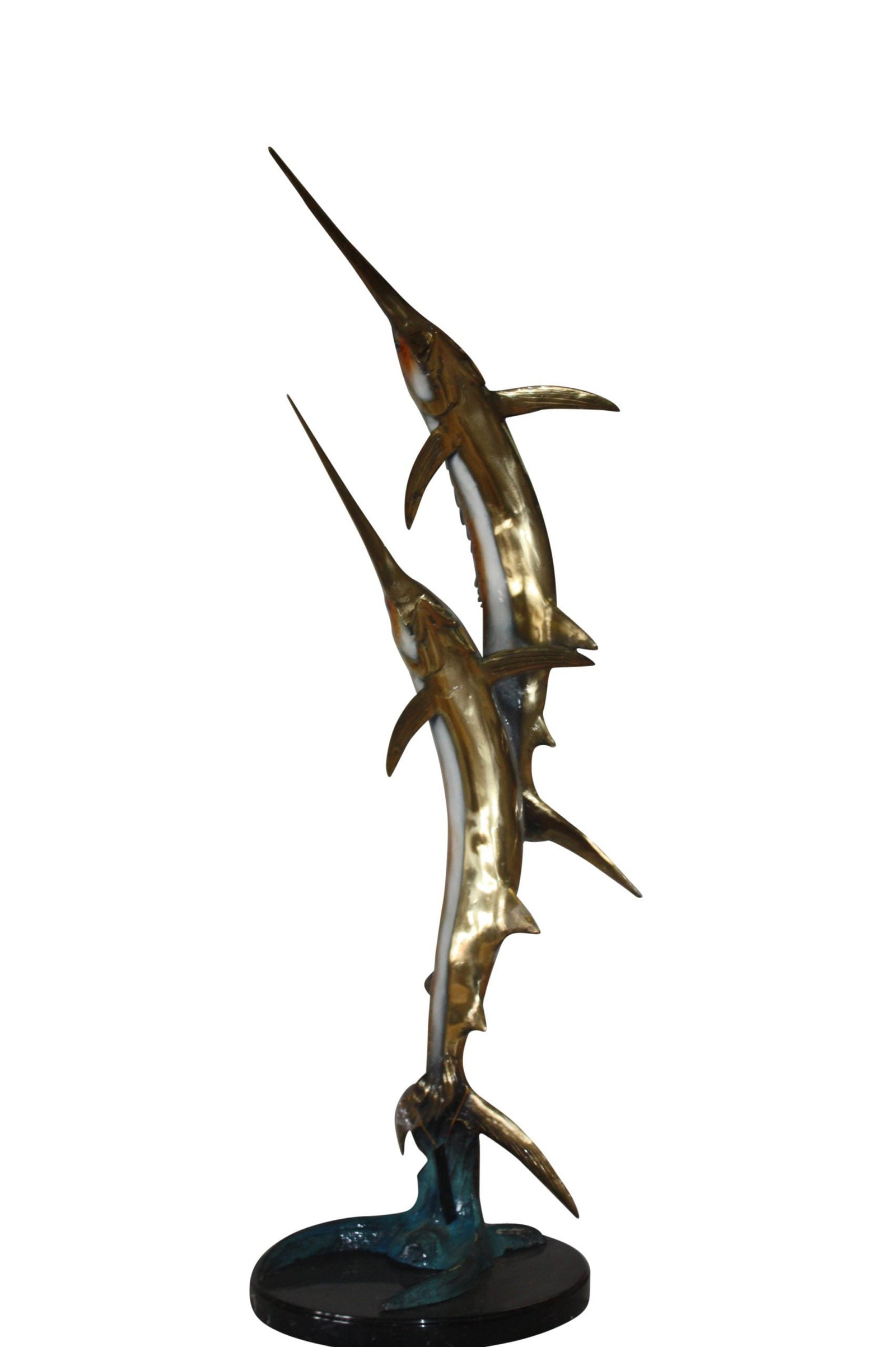 Two Sailfish 56"H Bronze Statue On A Marble Base: Title:Two Sailfish 56"H Bronze Statue On A Marble Base Description:A beautiful marine sculpture standing 56" tall. Featuring in a natural form 2 big game Marlin fish. A timeless Creation in lost wax