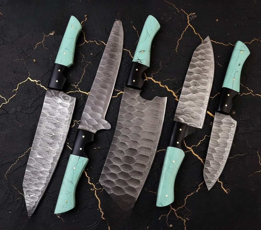 5 Piece Custom Damascus Steel Chef Knife Set Handmade Kitchen Cutlery - 2