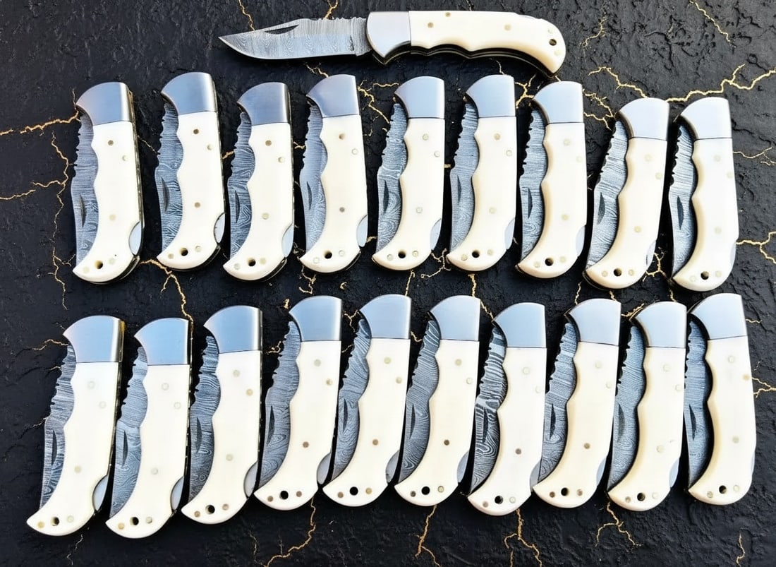 40pc Damascus Steel Folding Knife Collection Bone Handle w/ Leather Sheaths (1 of 4)