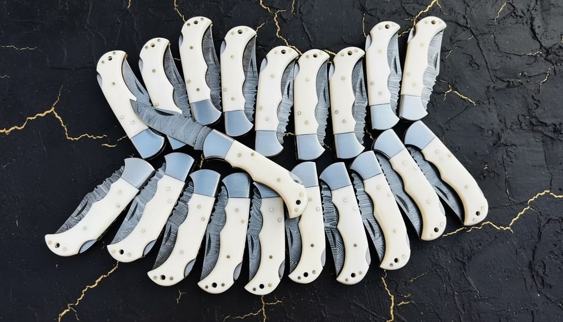 40pc Damascus Steel Folding Knife Collection Bone Handle w/ Leather Sheaths - 2