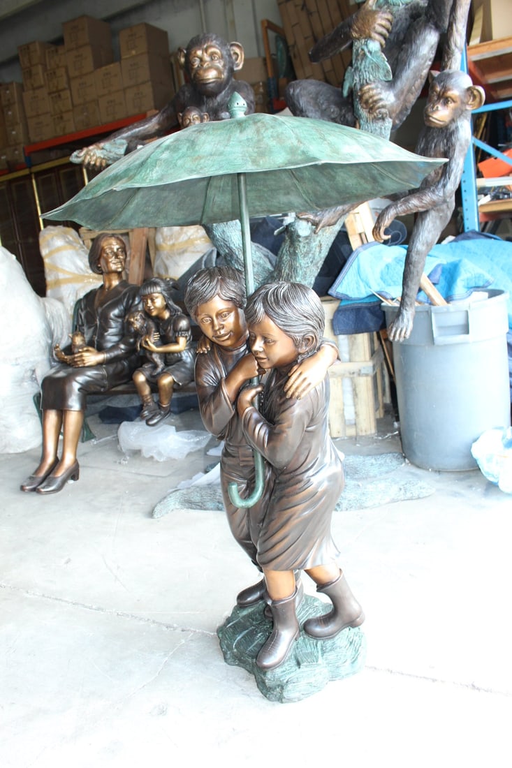 Two Kids Holding an Umbrella - Bronze Statue - Fountain - 30"L x 30"W x 52"H. - 12