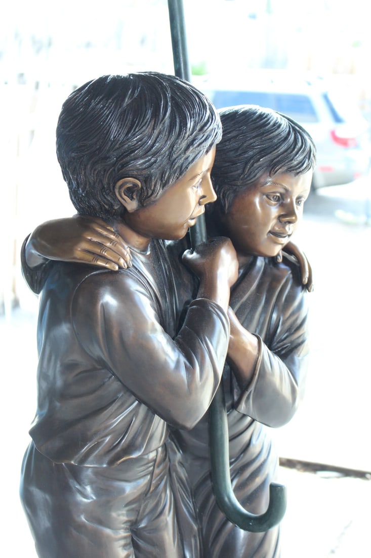 Two Kids Holding an Umbrella - Bronze Statue - Fountain - 30"L x 30"W x 52"H. - 14
