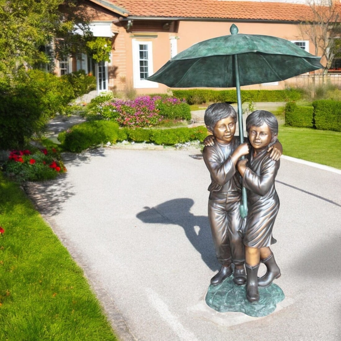 Two Kids Holding an Umbrella - Bronze Statue - Fountain - 30"L x 30"W x 52"H. - 2