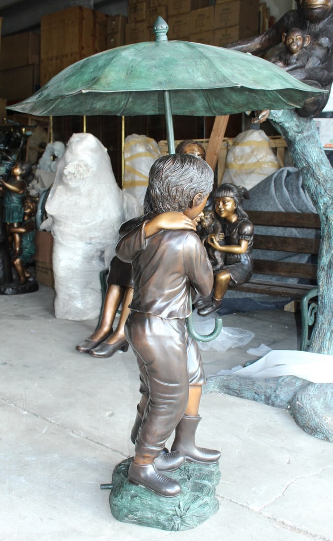 Two Kids Holding an Umbrella - Bronze Statue - Fountain - 30"L x 30"W x 52"H. - 8