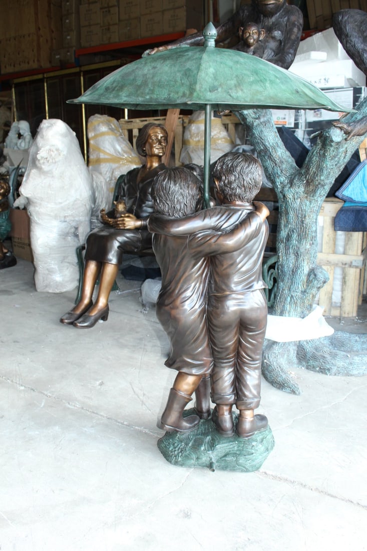 Two Kids Holding an Umbrella - Bronze Statue - Fountain - 30"L x 30"W x 52"H. - 9