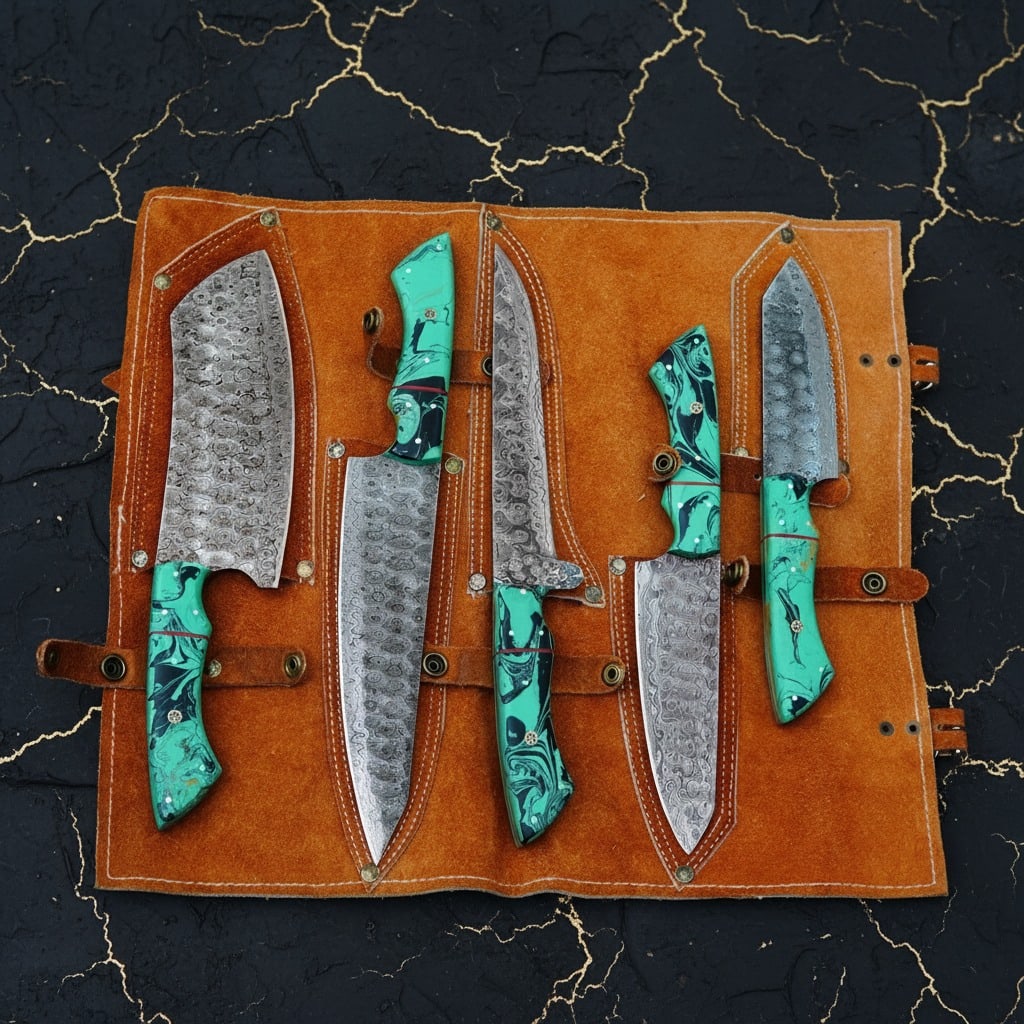 5pc Damascus Steel Kitchen Knife Set Hand-Forged Raindrop Pattern Leather Roll - 4