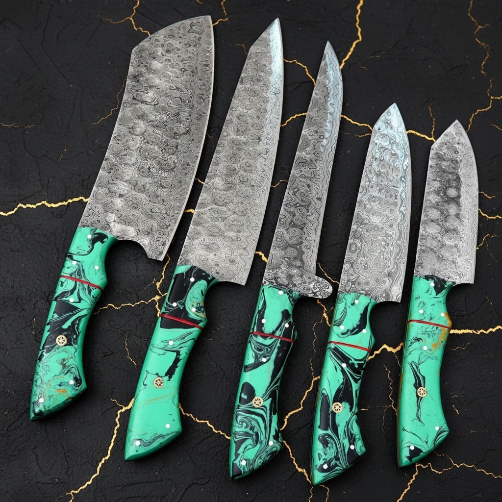 5pc Damascus Steel Kitchen Knife Set Hand-Forged Raindrop Pattern Leather Roll - 5