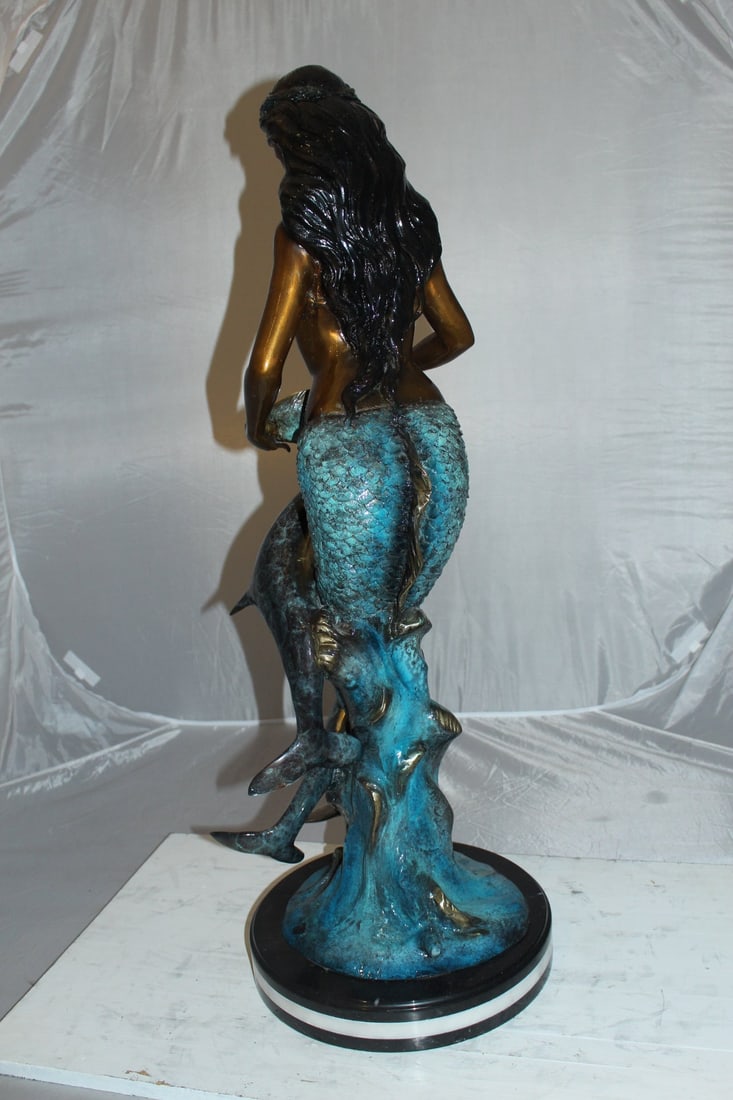 Mermaid with Dolphin Fountain Bronze Statue - Size: 16"L x 16"W x 39"H. - 10