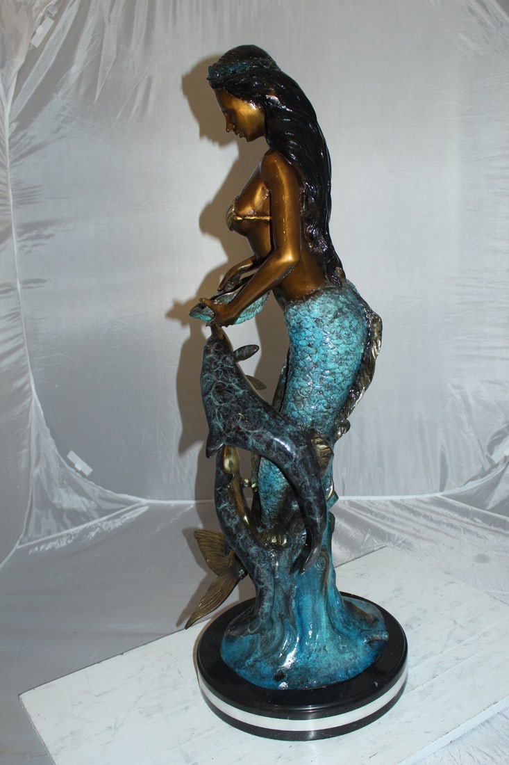 Mermaid with Dolphin Fountain Bronze Statue - Size: 16"L x 16"W x 39"H. - 11
