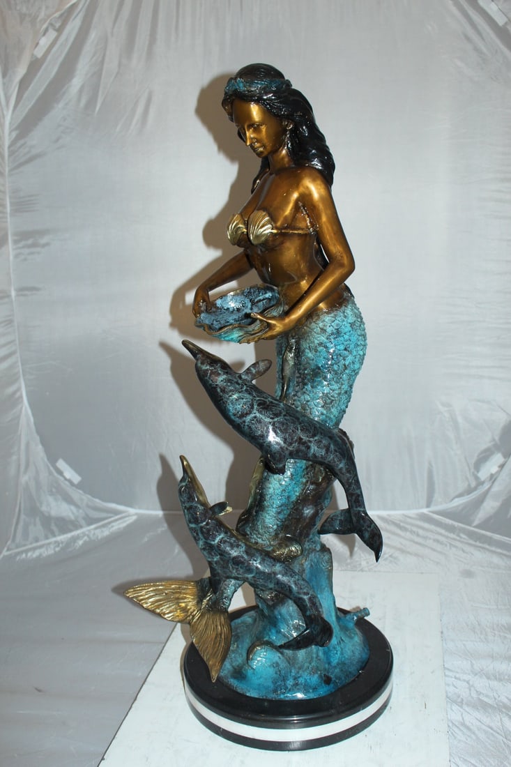 Mermaid with Dolphin Fountain Bronze Statue - Size: 16"L x 16"W x 39"H. - 12