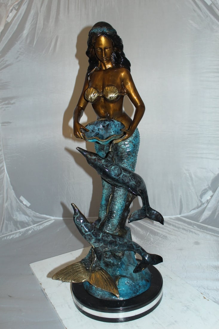 Mermaid with Dolphin Fountain Bronze Statue - Size: 16"L x 16"W x 39"H. - 13