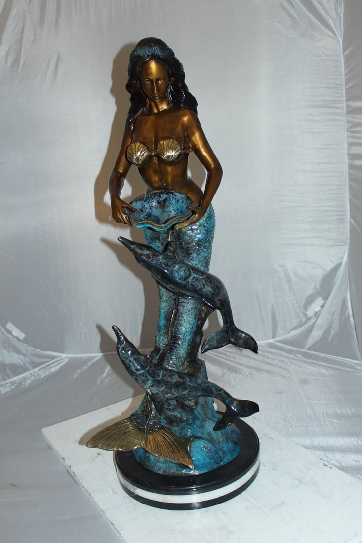 Mermaid with Dolphin Fountain Bronze Statue - Size: 16"L x 16"W x 39"H. - 14