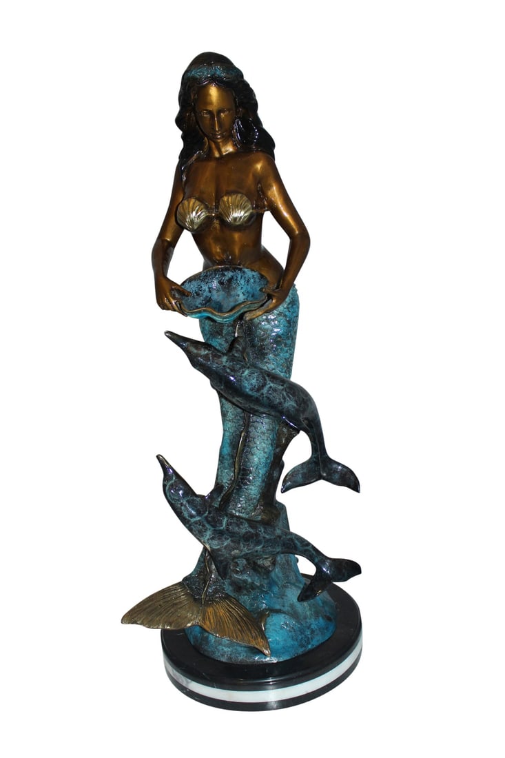 Mermaid with Dolphin Fountain Bronze Statue - Size: 16"L x 16"W x 39"H.: Title:Mermaid with Dolphin Fountain Bronze Statue - Size: 16"L x 16"W x 39"H. Description:Magnificent mermaid with two dolphins bronze sculpture – Fountain, holding a conch shell. The kneeling