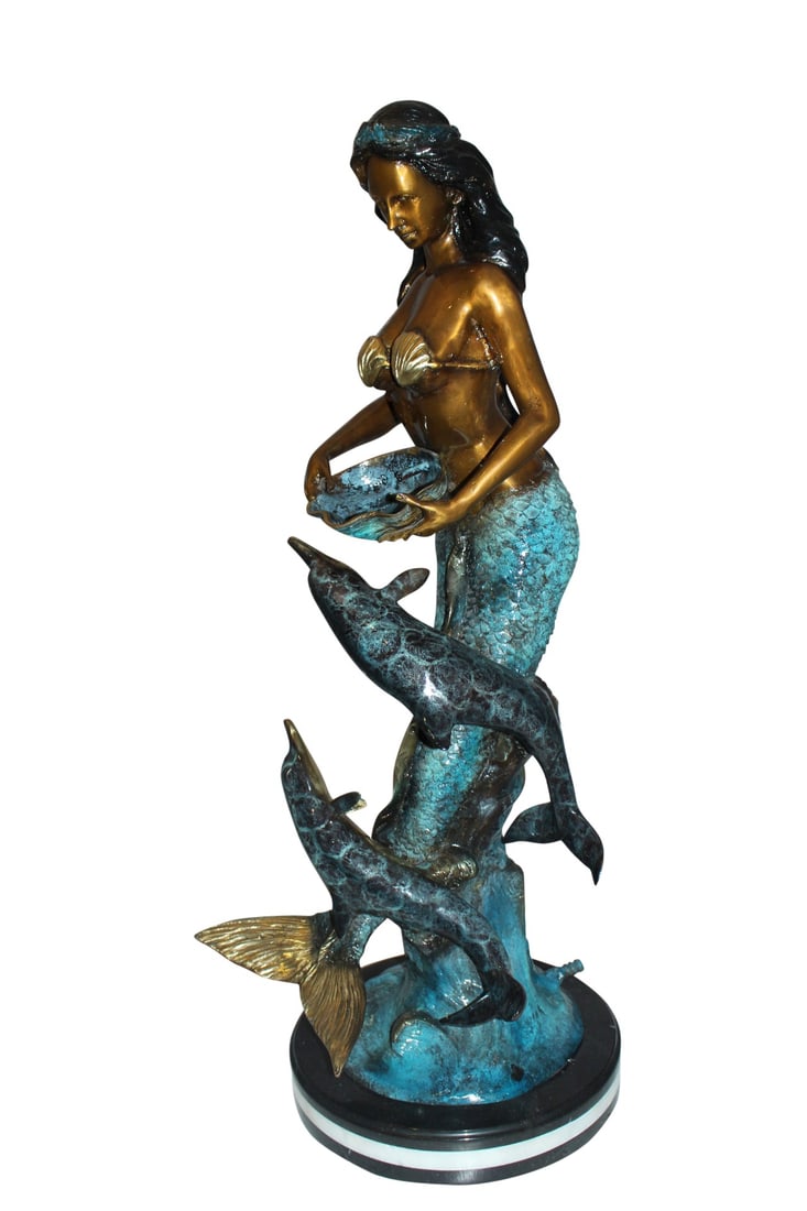 Mermaid with Dolphin Fountain Bronze Statue - Size: 16"L x 16"W x 39"H. - 4