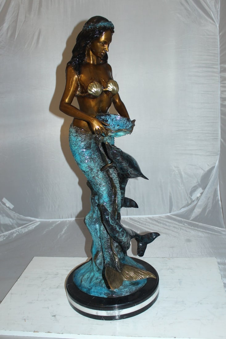 Mermaid with Dolphin Fountain Bronze Statue - Size: 16"L x 16"W x 39"H. - 5