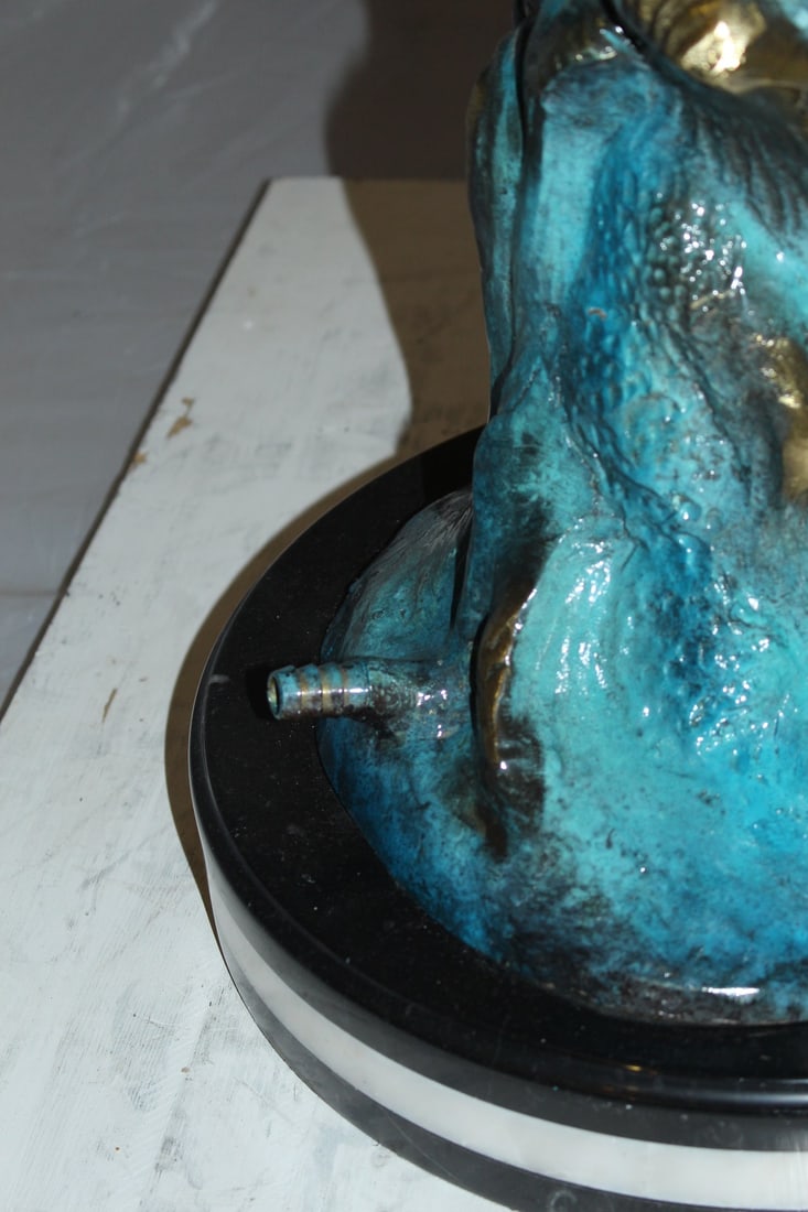 Mermaid with Dolphin Fountain Bronze Statue - Size: 16"L x 16"W x 39"H. - 8